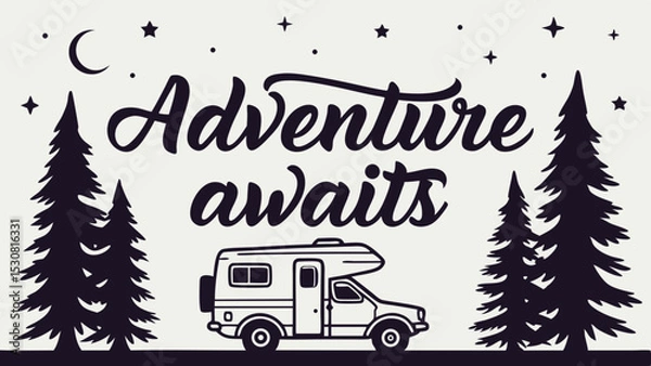 Fototapeta Adventure awaits with rv and pine trees under the moon and stars in a camping themed graphic design