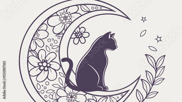 Fototapeta Silhouette of a cat sitting on a floral crescent moon with stars and leaves in a monochrome illustration