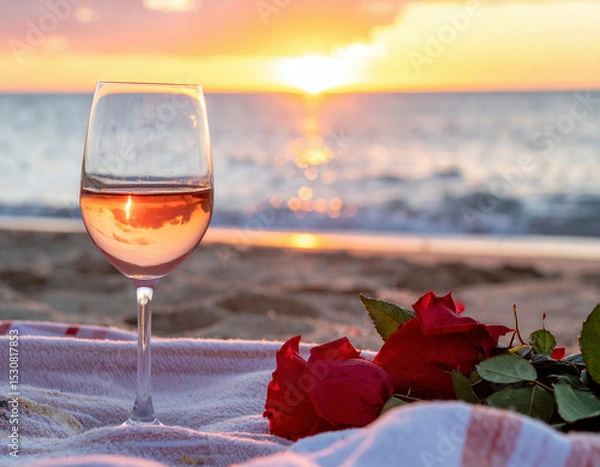 Fototapeta A glass of rosé wine and a small bouquet of red roses rest on a white blanket by the beach during a peaceful and romantic sunset.