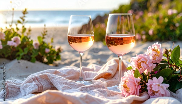 Fototapeta Two elegant glasses of rosé wine rest on a soft fabric among blooming pink flowers on a sandy beach, capturing a romantic seaside sunset moment.