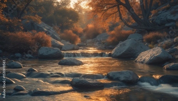 Fototapeta A peaceful stream passing over rocks within a natural landscape, with sunlight brightening the background.