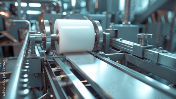 Fototapeta A machine employed in paper production utilizes a roll of paper and a roll of plastic.