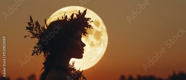 Fototapeta profile of a natural slavic witch, a woman model in floral wreath on full-moon background; concept of tradition, summer party, festivals & events; copy space