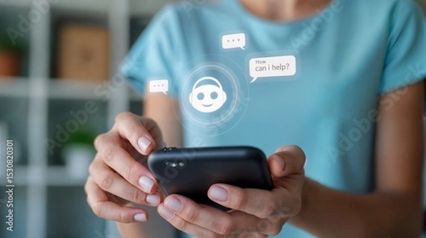 Fototapeta Digital Assistant at your Fingertips: A close-up view showcasing a person's hands holding a smartphone. The scene highlights an interaction with a digital assistant, symbolized by speech bubbles.