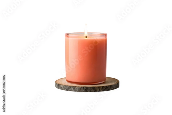 Fototapeta Orange candle in clear glass container on wooden tree slice coaster, flame burning bright, isolated on a transparent background
