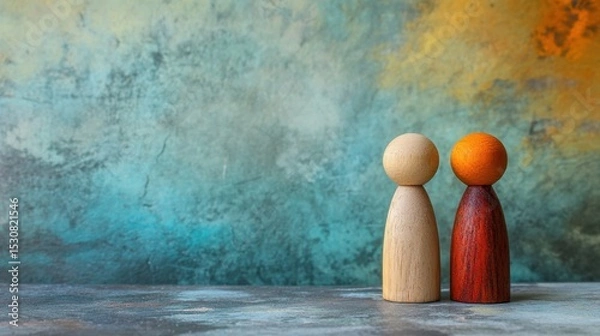 Fototapeta Artistic representation of wooden peg dolls in chaotic arrangement with colorful background