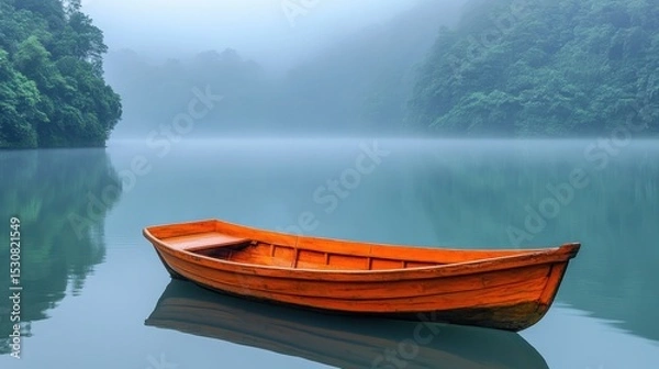 Fototapeta Serene wooden boat floating on a calm river at misty morning nature photography tranquil environment peaceful view