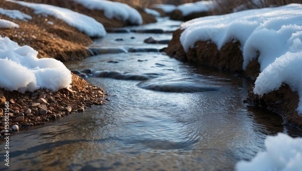 Fototapeta A gentle stream moves across a rocky bed, bordered by melting snow in a peaceful winter landscape.
