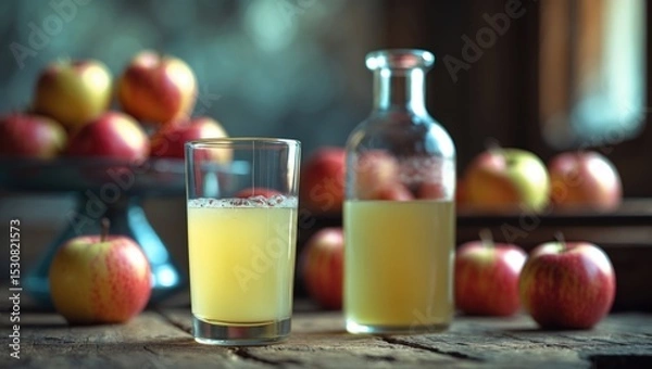 Fototapeta A healthy cloudy fermented vinegar with apples as decoration served in a glass on a wooden table