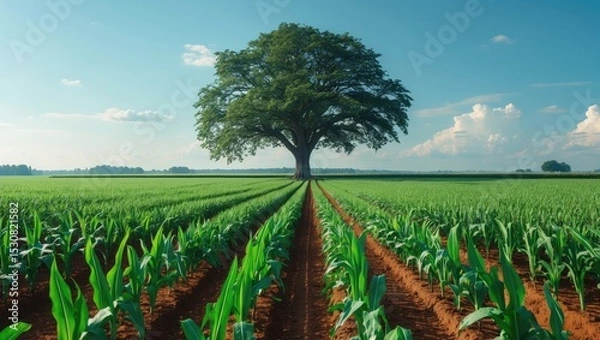 Fototapeta A single oak tree standing in a lush cornfield with young sweet corn plants, featuring one oak in an agricultural field with a fresh crop of edible sweet corn prior to ripening.