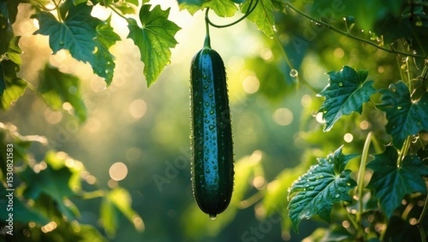 Fototapeta A green cucumber develops on a vine, encircled by green leaves.