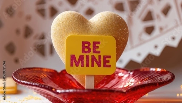 Fototapeta A glitter-dusted candy HEART in soft yellow and peach tones resting atop a crimson glass dish.