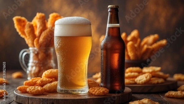 Fototapeta A glass and bottle of beer alongside fried potatoes and spicy chicken floss in the background, with a mug of beer featured in the front for food and drinking advertising.