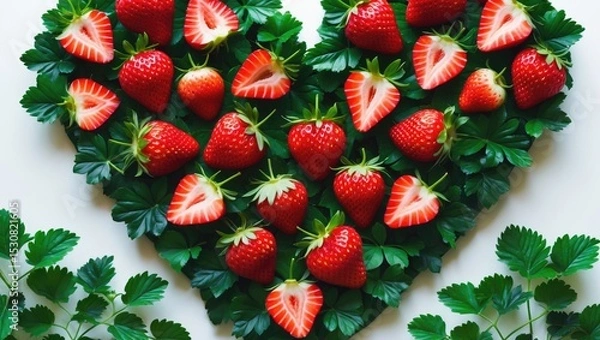 Fototapeta Isolated fresh strawberries arranged in a heart shape on foliage.