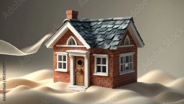 Fototapeta A house sinking into sand, illustrating the concept of housing problems.