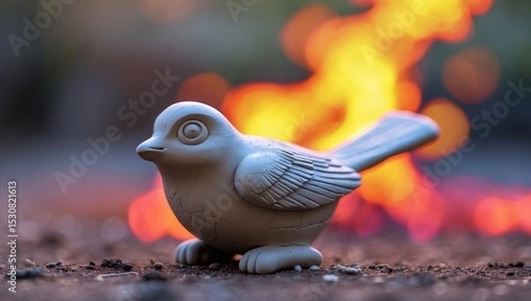 Fototapeta A handmade ceramic bird figurine showcased against a gently blurred background of warm firelight.