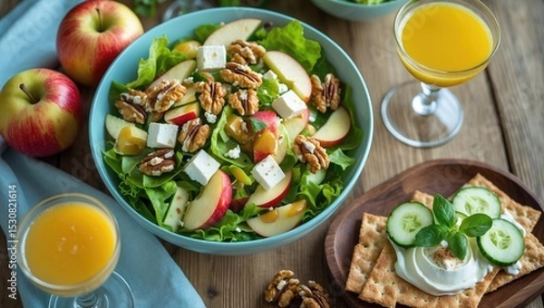 Fototapeta A fresh salad featuring feta, walnuts, apples, crackers, cucumber, and sauce, served with a glass of juice