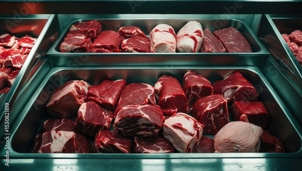 Fototapeta A substantial quantity of fresh meat is being sold in supermarkets.