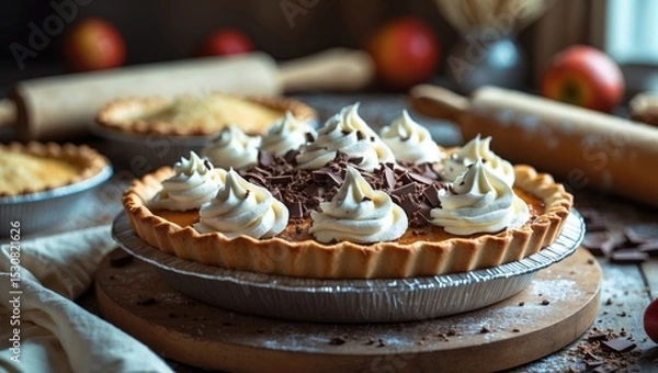 Fototapeta A recently baked pie topped with whipped cream and chocolate chips.