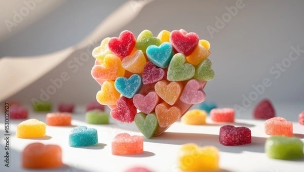 Fototapeta A heart-shaped fruit-based diet featuring fruit candies in the shape of hearts photographed against a background. Remarkable for its precision.