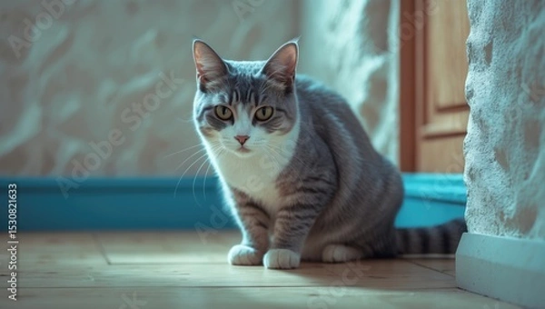 Fototapeta A fluffy gray and white cat with striking green eyes is peacefully resting on the soft floor, looking relaxed and content.
