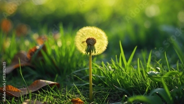 Fototapeta A close-up of a single bright yellow dandelion standing tall in a green meadow, emphasizing the delicate flower details and the fresh spring atmosphere