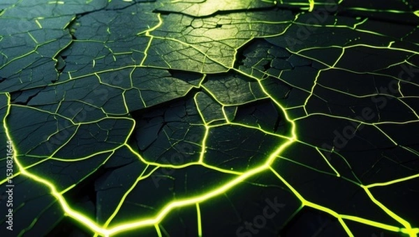 Fototapeta A high-resolution cracked surface featuring vivid neon green and yellow tones, producing a striking and futuristic abstract background suitable for digital design.
