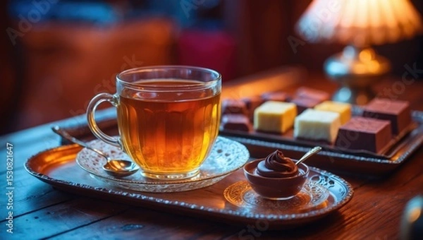 Fototapeta An inviting setup showcases a glass of warm tea, chocolates, and a sweet spread on a wooden table, establishing a cozy ambiance for sharing.