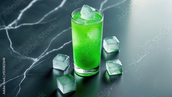 Fototapeta A glass of matcha latte with ice placed on a white marble table.