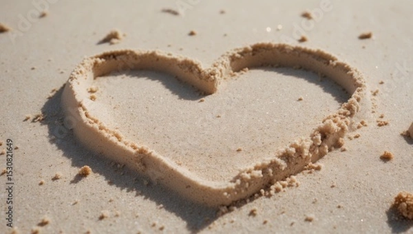 Fototapeta A heart shape sketched in the gentle sand on a beach, symbolizing love, romance, and serenity. Ideal for themes of affection, summer, and relaxation.
