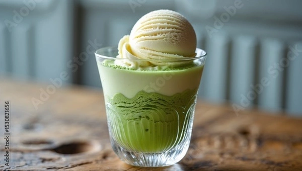 Fototapeta A glass of Matcha Latte placed on a wooden table surface