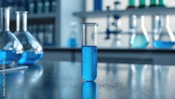 Fototapeta A glass test tube with liquid inside is displayed on a table in a chemical lab, examining the concept of product refining.