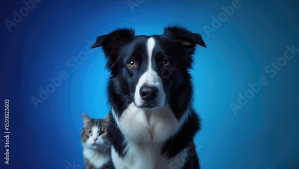 Obraz A border collie dog photograph with a cat lurking in the background is set against a blue backdrop.