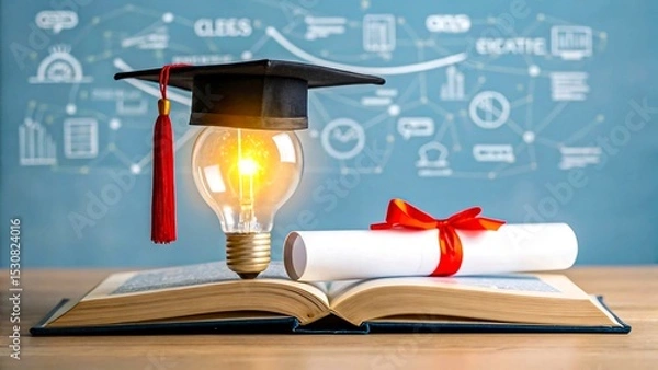 Obraz Graduation cap and diploma with glowing light bulb on open book representing knowledge and success
