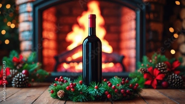 Obraz A bottle of wine placed in front of the fireplace and Christmas decoration background.