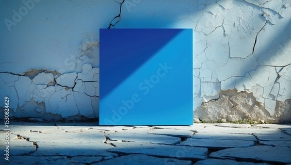 Obraz A blue square paper note placed in sunlight on cracked white peeling paint with empty free space for template or blank copy area