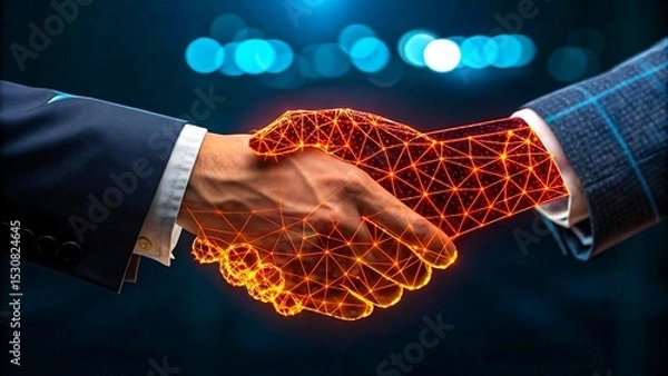 Obraz Digital and human handshake symbolizing technology partnership and innovation
