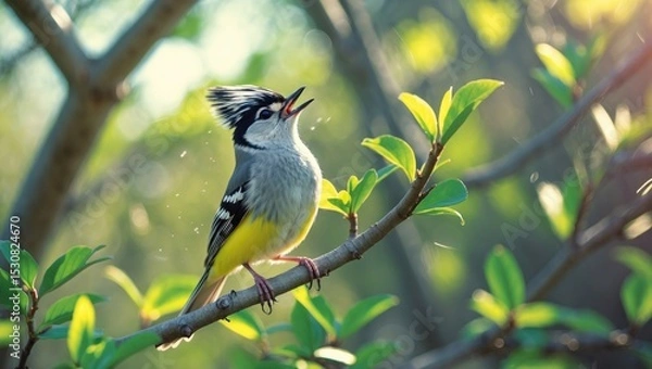 Obraz A bridled titmouse is nestled among the branches and leaves.