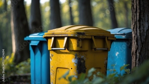 Obraz A colorful scene is created by placing a bright yellow trash can and a vibrant blue trash can next to each other.