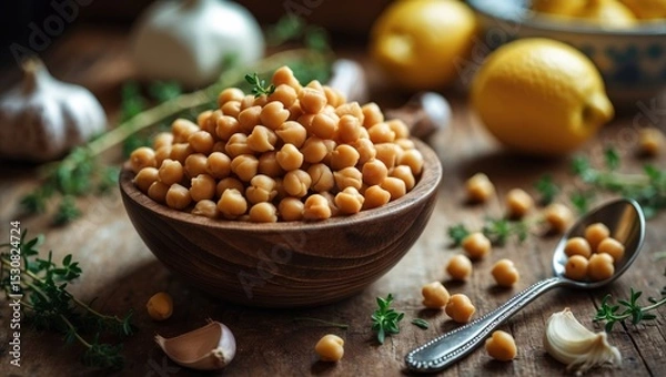 Obraz A rustic tabletop featuring a bowl of chick peas.