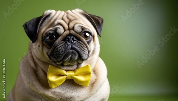 Obraz A beige pug wearing a yellow bow tie on a green background, a cute dog posing in a studio despite its obesity.