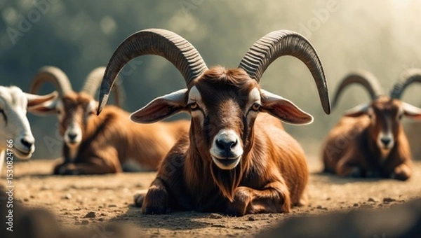 Obraz A brown goat with horns is gazing at the camera while lying on the ground.
