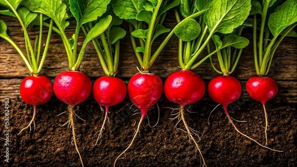 Obraz Fresh red radishes with green leaves arranged on soil over wooden surface
