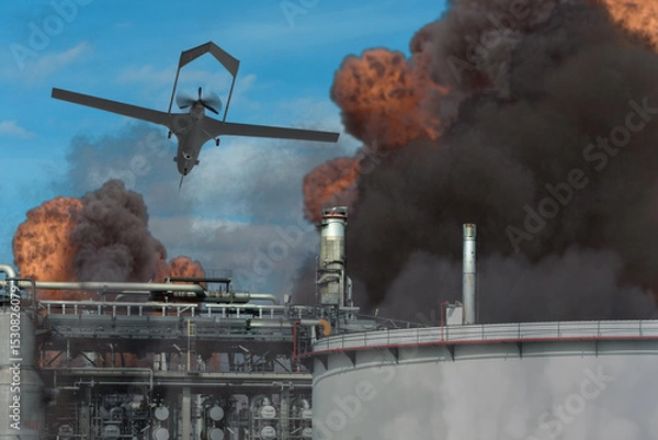 Obraz A military strike drone attacks an industrial oil refinery engulfed in fire and thick puffs of black smoke.