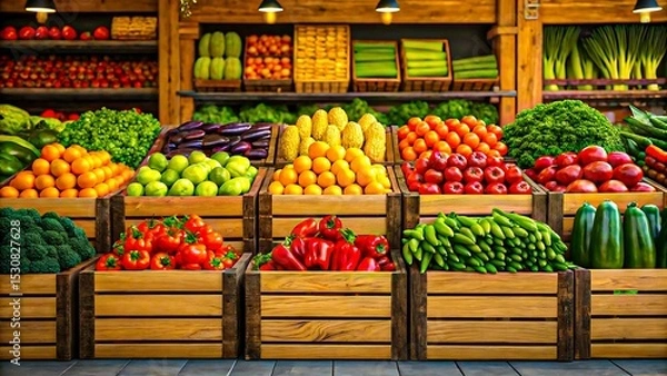 Obraz Colorful fresh fruits and vegetables arranged in wooden crates at local market stall
