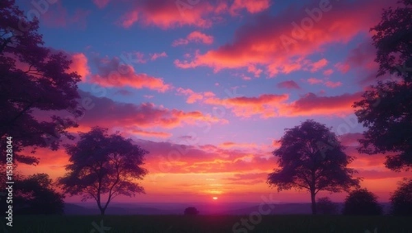 Fototapeta Crimson dawn illuminating the sky with clouds and trees.