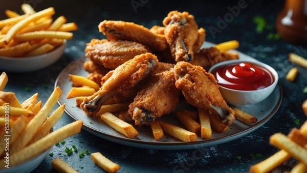 Fototapeta Crispy fried chicken wings served with French fries and ketchup on a plate, an ideal comfort food meal.