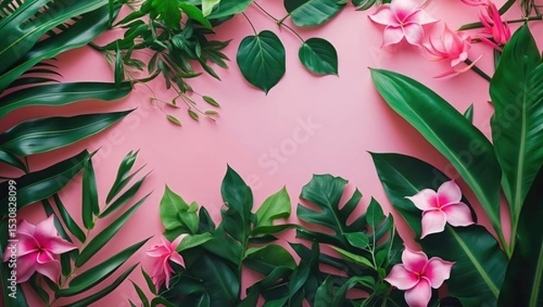 Fototapeta Creative layout composed of tropical flowers and palm leaves on a pastel pink background, viewed from above, flat lay.