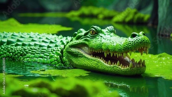 Fototapeta Crocodile in the green pond at the zoo.