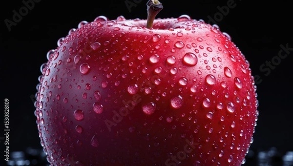Fototapeta A macro image filling the frame of a vibrant apple with water drops beading on its peel, showcasing high contrast and a prominent highlight on the front of the fruit.